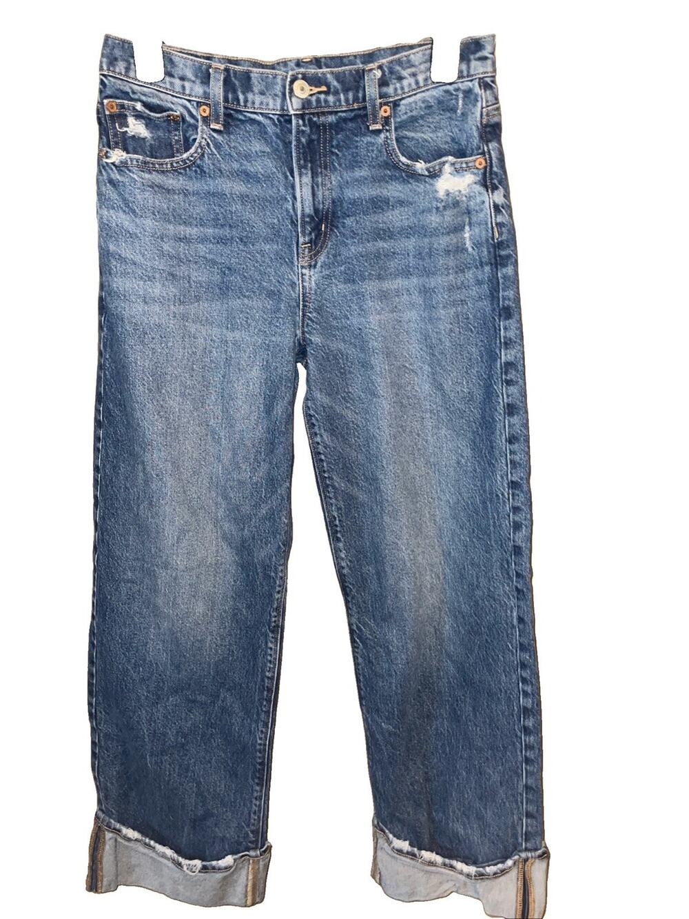 American Eagle Stovepipe cuffed Jeans Mid Rise Stretch Distressed Sz 4 Short